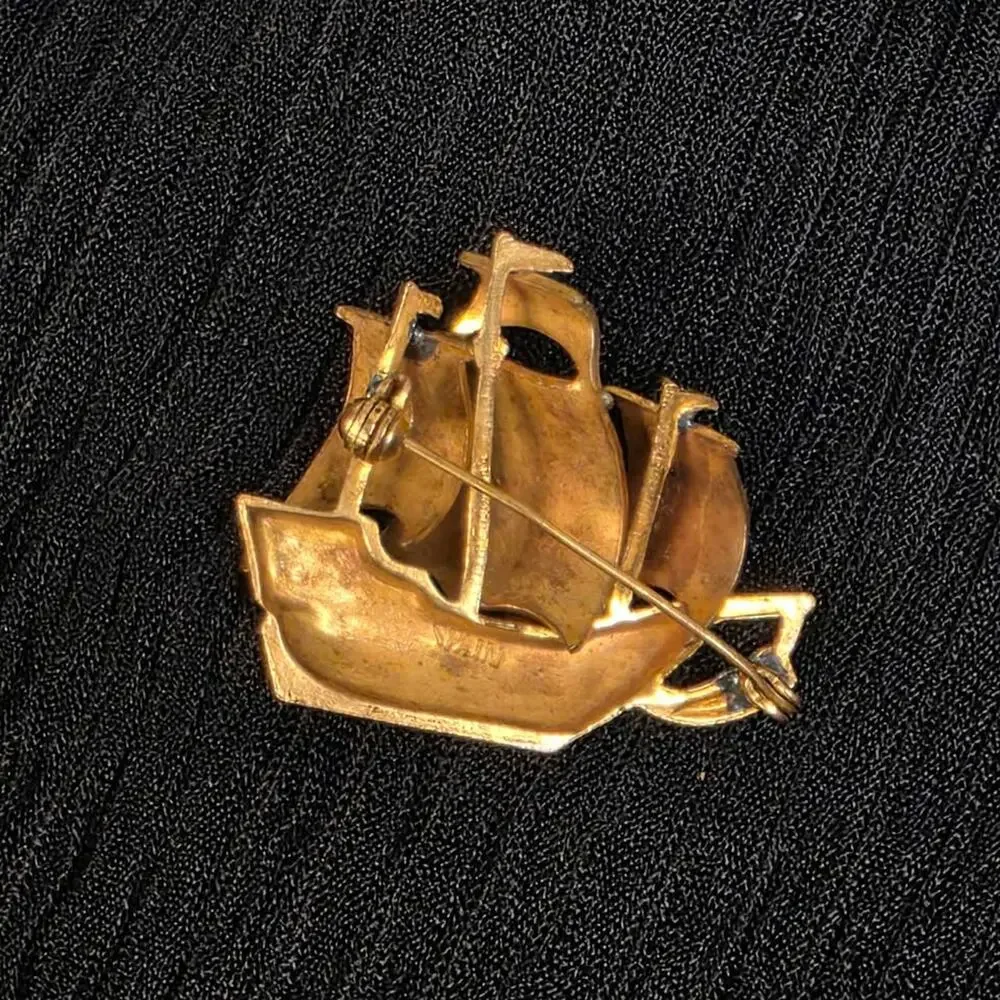 Vintage Spain Ship Brooch Spanish Galleon Enamel Pin Damascene Nautical